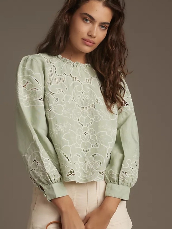 Anthropologie Tops - Anthropologie Linen Light Embroidered Puff-Sleeve Blouse - Women